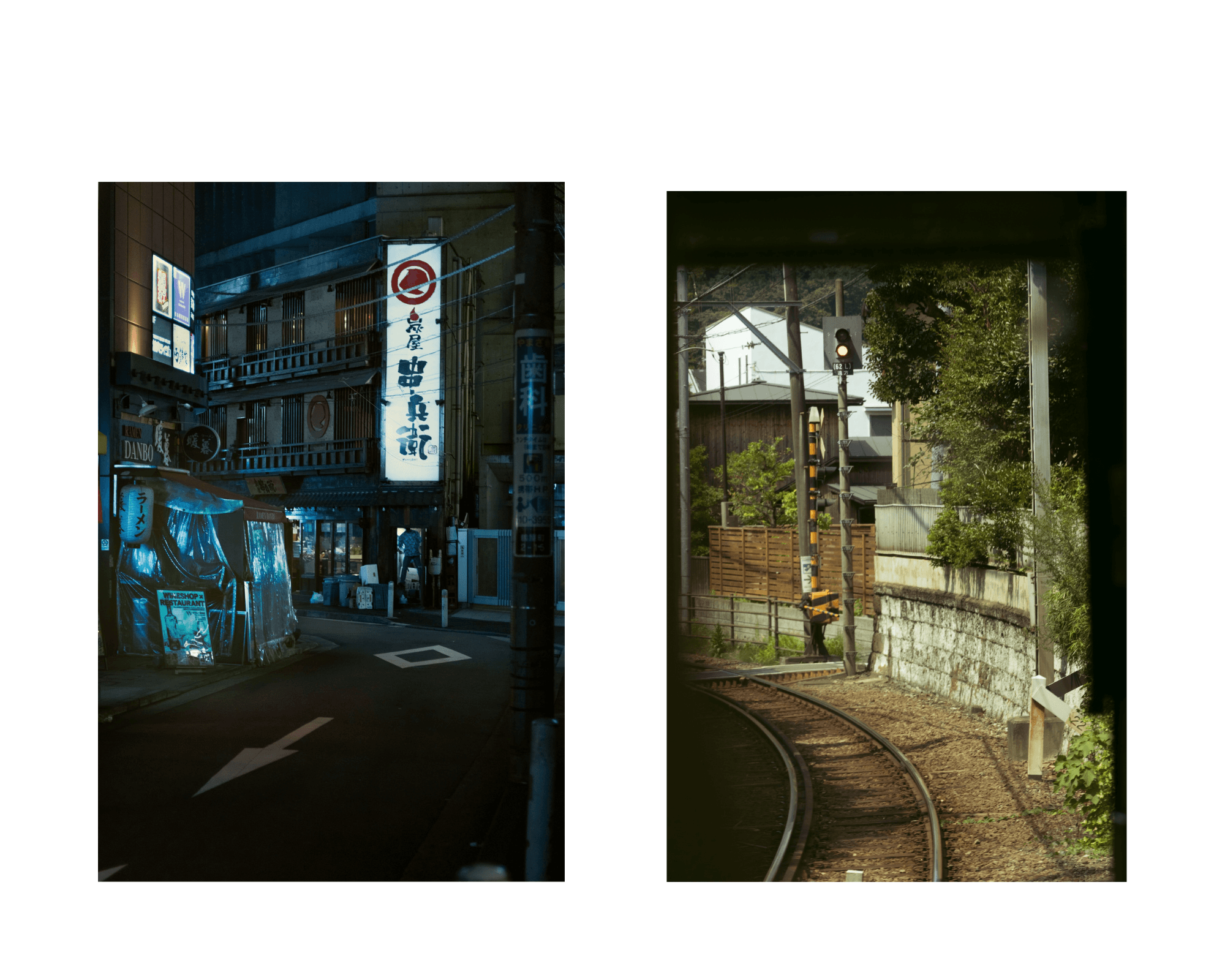 Blue light spilling onto a quiet street lined with illuminated signs