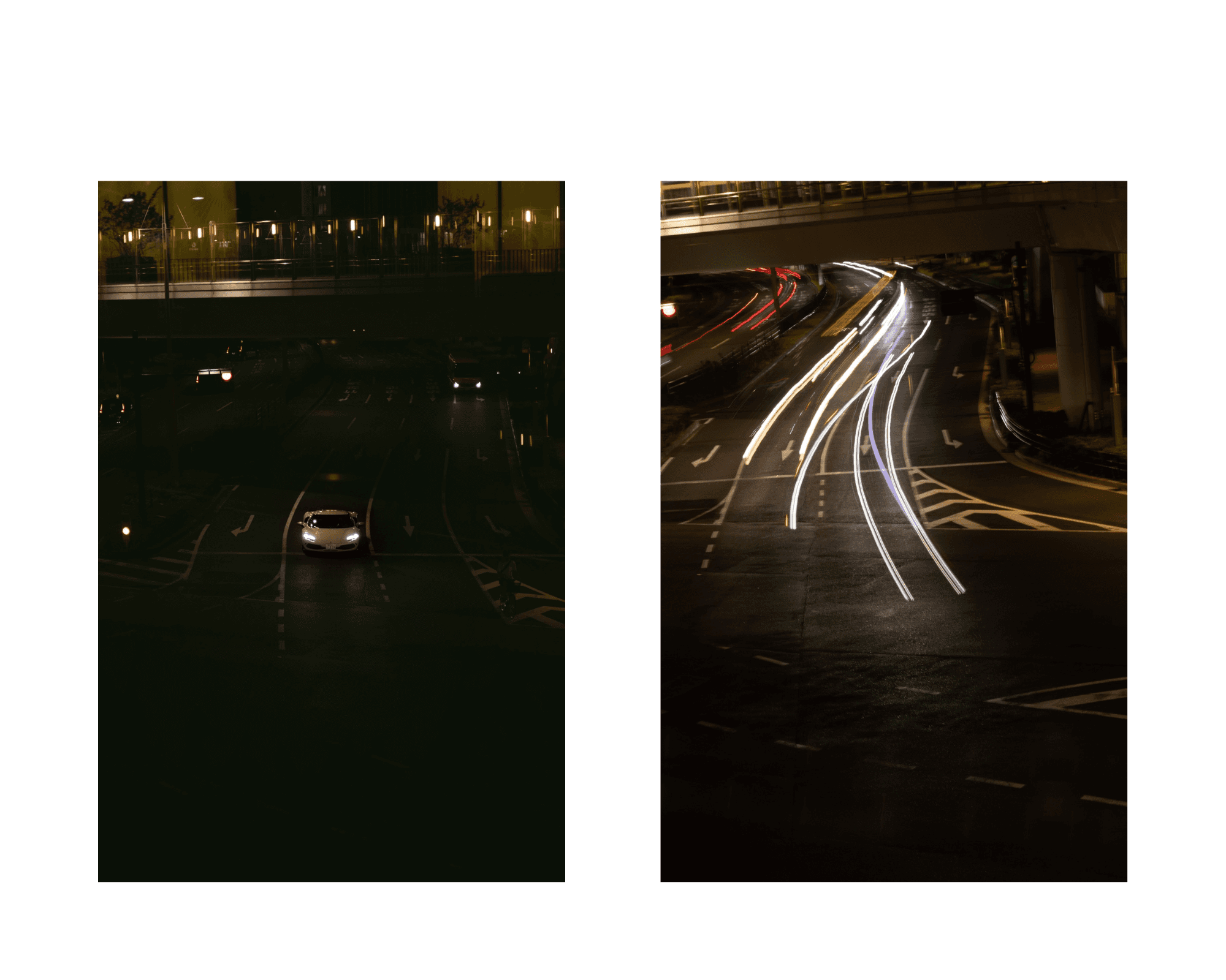 A white sports car on a dark road beneath a pedestrian bridge