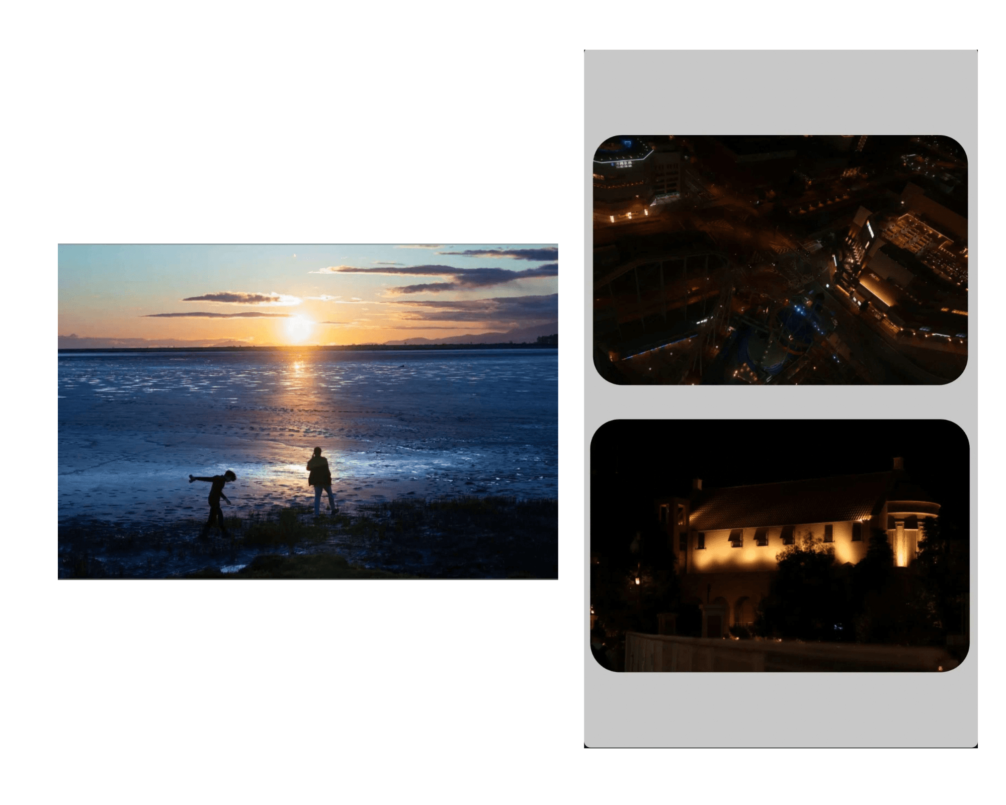 Two figures along the shoreline as the sun sets over the water